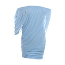Kliou Ruched Elegant Mesh Dress Woman Summer Trend Slash Neck Backless Irregular Sleeve Skinny Peach Hip Fashion Mini Bodycon