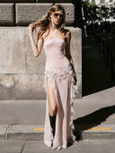 Kliou Lace Patchwork 2 Piece Set Woman Sexy Wrap Chest Backless Tank Tops+High Splits Long Skirts Matching Elegant Style Suits