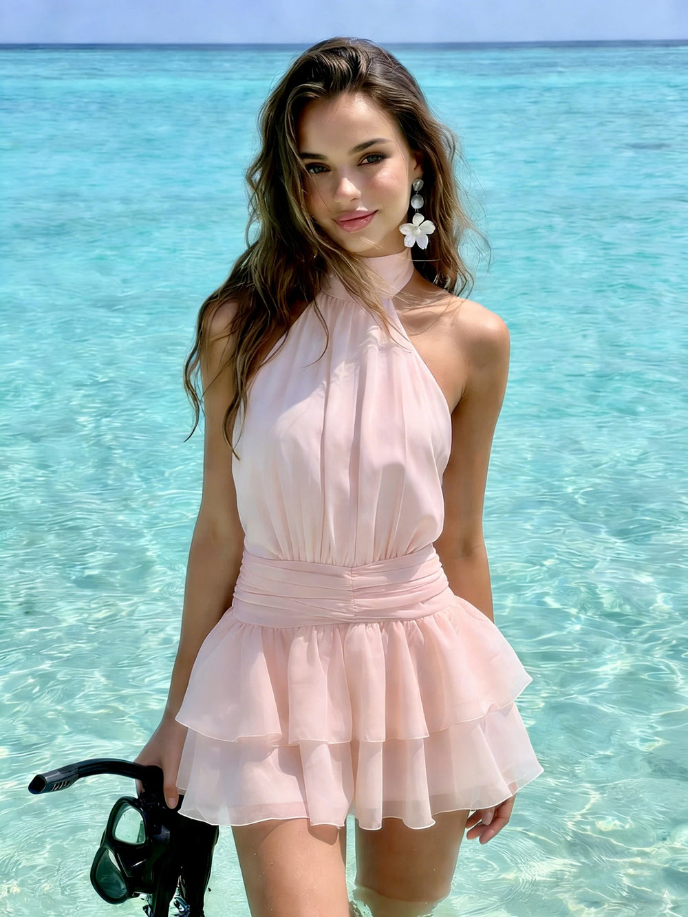 Dulzura Chiffon Halter Ruched Ribbon Slim Fit Tiered Mini Dress Women'S Fashion Sexy Elegant Dress Party Vacation Summer Clothes