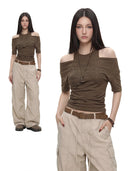 Women's Brown Shirts and Blouses Y2k Aesthetic Streetwear Vintage Korean 2000s Elegant Short Sleeve Square Collar Shirt Clothes