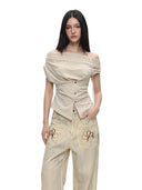 Women's Shirts and Blouses Y2k Aesthetic Streetwear Vintage Korean 2000s Elegant Short Sleeve Slash Neck Shirt Clothes