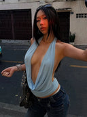Kliou Sexy Fashion Tank Tops Woman Lace-Up Halter Swing Collar Backless Hot Girls Hot Girls High Street Style Elegant Crop Tops