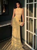 Kliou Metal Trim Long Dress Woman o-Neck Sleeveless Shape Waist Skinny Stretch Summer Vacation Elegant Style Classic Vestidos