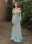 Kliou Ruched Elegant Long Dress Woman Sexy See Through Slash Neck Backless Full Sleeve High Waist Robe Vacation Style Vestidos