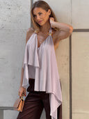 Kliou Mesh Patchwork Tank Tops Woman Metal Trim Halter Low-Neck Backless Ruched Ruffles Decoration 2026 New Style Elegant Vests