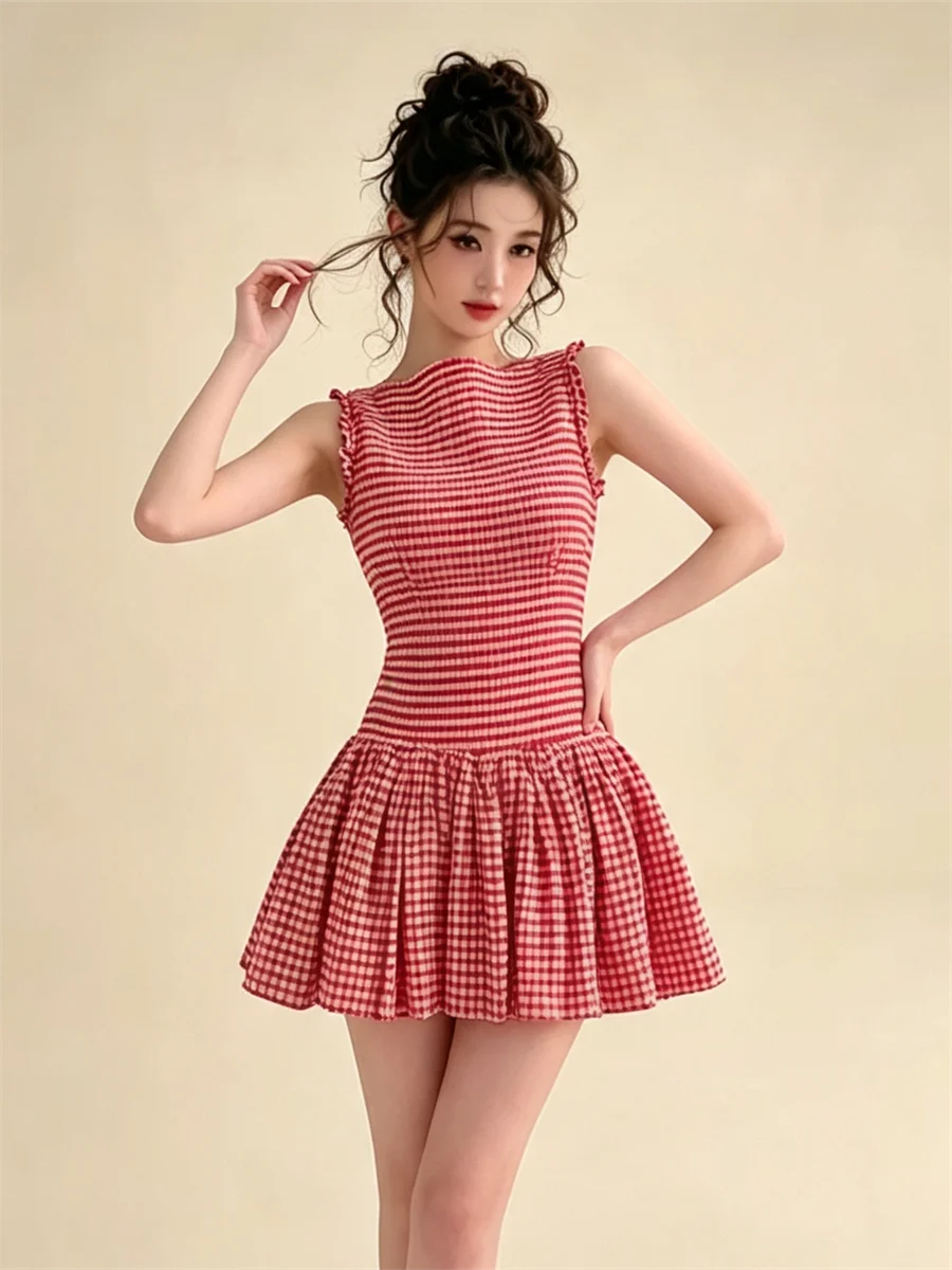 Kliou Plaid Patchwork Mini Dress Woman o-Neck Sleeveless Shape Waist Ruched Hem Sweet Girls Birthday Party Elegant Style Bodycon