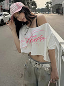 Kliou Casual Fashion T-Shirts Woman Letter Print Skew Collar Short Sleeve Navel Exposed Daily High Street Style Classic Tees