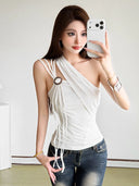 Kliou Tassel Decoration Tank Tops Woman Summer Trend Irregular Skew Collar Backless Shape Waist High Street Fashion Style Vests