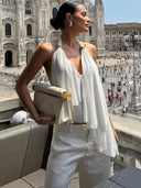 Kliou Mesh Patchwork Tank Tops Woman Metal Trim Halter Low-Neck Backless Ruched Ruffles Decoration 2026 New Style Elegant Vests