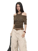 Women's Brown Shirts and Blouses Y2k Aesthetic Streetwear Vintage Korean 2000s Elegant Short Sleeve Square Collar Shirt Clothes