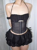 Kliou Sexy Fashion 2 Piece Set Woman Halter Off Shoulder Backless Mesh Patchwork Tops+Purry Hem Mini Skirts Club Party Outfits