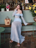 Kliou Ruched Elegant Long Dress Woman Sexy See Through Slash Neck Backless Full Sleeve High Waist Robe Vacation Style Vestidos