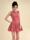 Kliou Plaid Patchwork Mini Dress Woman o-Neck Sleeveless Shape Waist Ruched Hem Sweet Girls Birthday Party Elegant Style Bodycon