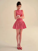Kliou Plaid Patchwork Mini Dress Woman o-Neck Sleeveless Shape Waist Ruched Hem Sweet Girls Birthday Party Elegant Style Bodycon
