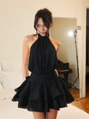 Dulzura Chiffon Halter Ruched Ribbon Slim Fit Tiered Mini Dress Women'S Fashion Sexy Elegant Dress Party Vacation Summer Clothes