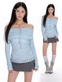 Women's  Blue Slash Neck T-shirt Harajuku Korean Y2k Tee Top 2000s Clothes Aesthetic Fashion Long Sleeve Vintage T-shirts