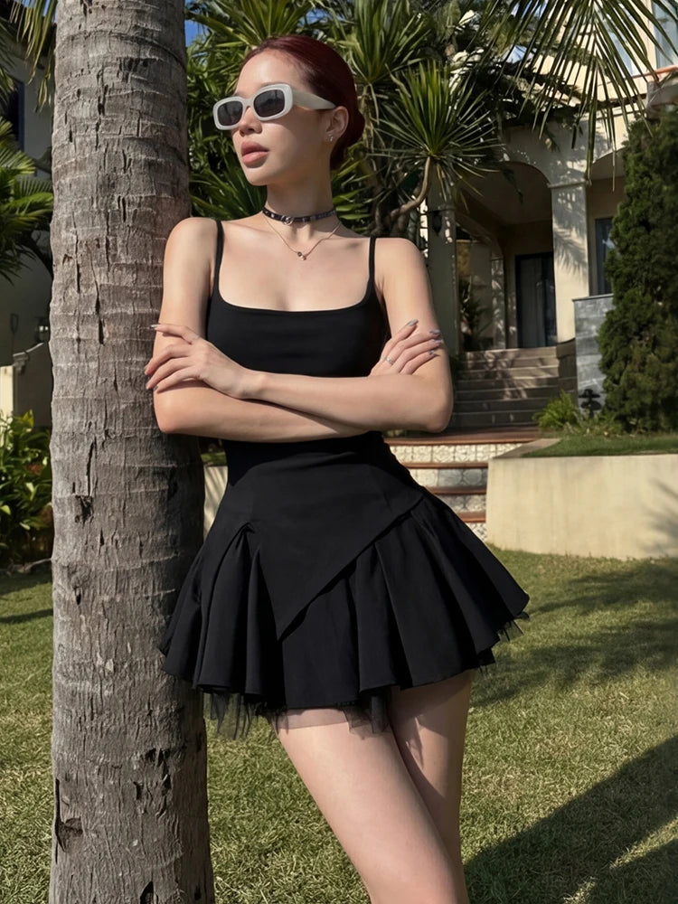 Kliou Ruched Elegant Dress Woman Summer Trend Square Collar Backless Sleeveless Mesh Patchwork Fluffy Basic Solid Mini Bodycon