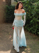 Kliou Ruched Elegant Long Dress Woman Sexy See Through Slash Neck Backless Full Sleeve High Waist Robe Vacation Style Vestidos