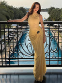 Kliou Metal Trim Long Dress Woman o-Neck Sleeveless Shape Waist Skinny Stretch Summer Vacation Elegant Style Classic Vestidos