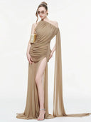 Kliou Mesh Patchwork Long Dress Woman Skew Collar Off Shoulder Tassel Decoration High Splits Hem Ruched Elegant Gown Bodycon