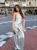 Kliou Contrast Patchwork Tank Tops Woman Lace Jacquard Decoration Wrap Chest Backless Irregular Hem Silky Stain Elegant Vests