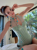 Kliou Ruffles Edge Design Tank Tops Woman Mesh Patchwork Halter Low-Neck Backless Shape Waist Summer Vacation Elegant Style Vest