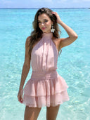 Dulzura Chiffon Halter Ruched Ribbon Slim Fit Tiered Mini Dress Women'S Fashion Sexy Elegant Dress Party Vacation Summer Clothes