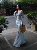 Kliou Ruched Elegant Long Dress Woman Sexy See Through Slash Neck Backless Full Sleeve High Waist Robe Vacation Style Vestidos
