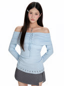 Women's  Blue Slash Neck T-shirt Harajuku Korean Y2k Tee Top 2000s Clothes Aesthetic Fashion Long Sleeve Vintage T-shirts