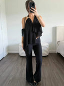 Kliou Mesh Patchwork Tank Tops Woman Metal Trim Halter Low-Neck Backless Ruched Ruffles Decoration 2026 New Style Elegant Vests