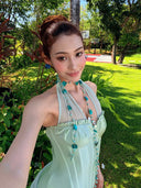 Kliou Ruffles Edge Design Tank Tops Woman Mesh Patchwork Halter Low-Neck Backless Shape Waist Summer Vacation Elegant Style Vest