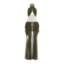 Kliou Color Blocking Long Dress Woman Halter Hollow Backless Mesh Ruffles Tassel Decoration Midnight Prom Party Elegant Vestidos