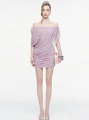Kliou Ruched Elegant Mesh Dress Woman Summer Trend Slash Neck Backless Irregular Sleeve Skinny Peach Hip Fashion Mini Bodycon