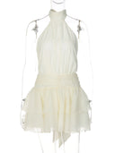 Dulzura Chiffon Halter Ruched Ribbon Slim Fit Tiered Mini Dress Women'S Fashion Sexy Elegant Dress Party Vacation Summer Clothes