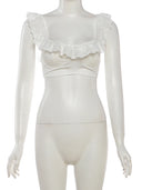 Kliou Y2K Style 2 Piece Set Woman Summer Trend Ruffles Square Collar Backless Crop Tops+Fluffy Mini Skirts Sexy Fashion Suits