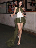 Kliou Color Blocking Long Dress Woman Halter Hollow Backless Mesh Ruffles Tassel Decoration Midnight Prom Party Elegant Vestidos