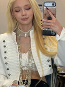 Kliou Sexy Fashion Crop Coats Woman Open Collar Double-Breasted Decoration Full Sleeve Navel Exposed Music Festival Style Jacket