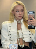 Kliou Sexy Fashion Crop Coats Woman Open Collar Double-Breasted Decoration Full Sleeve Navel Exposed Music Festival Style Jacket