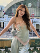 Kliou Contrast Patchwork Tank Tops Woman Lace Jacquard Decoration Wrap Chest Backless Irregular Hem Silky Stain Elegant Vests
