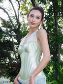 Kliou Ruffles Edge Design Tank Tops Woman Mesh Patchwork Halter Low-Neck Backless Shape Waist Summer Vacation Elegant Style Vest