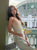 Kliou Contrast Patchwork Tank Tops Woman Lace Jacquard Decoration Wrap Chest Backless Irregular Hem Silky Stain Elegant Vests