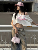 Kliou Casual Fashion T-Shirts Woman Letter Print Skew Collar Short Sleeve Navel Exposed Daily High Street Style Classic Tees