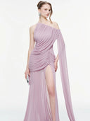 Kliou Mesh Patchwork Long Dress Woman Skew Collar Off Shoulder Tassel Decoration High Splits Hem Ruched Elegant Gown Bodycon