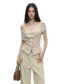 Women's Shirts and Blouses Y2k Aesthetic Streetwear Vintage Korean 2000s Elegant Short Sleeve Slash Neck Shirt Clothes