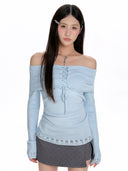 Women's  Blue Slash Neck T-shirt Harajuku Korean Y2k Tee Top 2000s Clothes Aesthetic Fashion Long Sleeve Vintage T-shirts