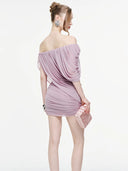 Kliou Ruched Elegant Mesh Dress Woman Summer Trend Slash Neck Backless Irregular Sleeve Skinny Peach Hip Fashion Mini Bodycon