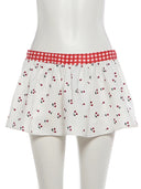 Kliou Plaid Patchwork 2 Piece Set Woman Cherry Print Low-Neck Backless Crop Tops+Elastic Waist Mini Skirt Y2K Elegant Style Suit