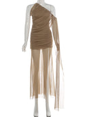 Kliou Mesh Patchwork Long Dress Woman Skew Collar Off Shoulder Tassel Decoration High Splits Hem Ruched Elegant Gown Bodycon