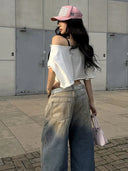 Kliou Casual Fashion T-Shirts Woman Letter Print Skew Collar Short Sleeve Navel Exposed Daily High Street Style Classic Tees