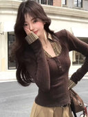 Women's Fake Two Pieces T-shirt Harajuku Korean Y2k Tee Top 90s Aesthetic Vintage Long Sleeve Patchwork T-shirts 2000s Clothes